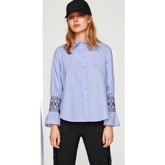 Zara Basic Women’s Bell Sleeve Striped Button Up Long Sleeve work Blouse Size - Picture 1 of 8